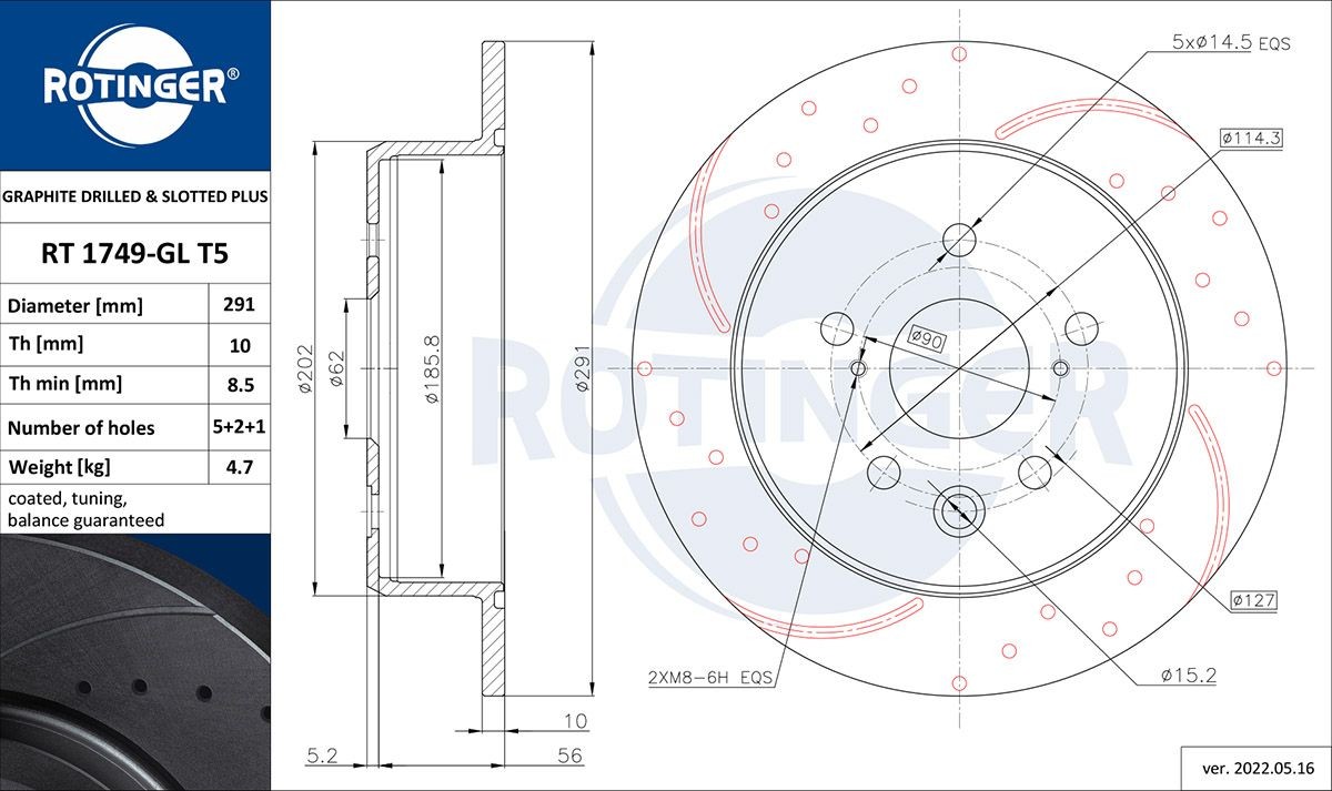 ROTINGER RT 1749-GL T5: Brzdový kotúč GRAPHITE DRILLED & SLOTTED PLUS Zadna naprava, Ø: 291mm, plný, dierovany, Ø: 291mm, galvanicky upravené