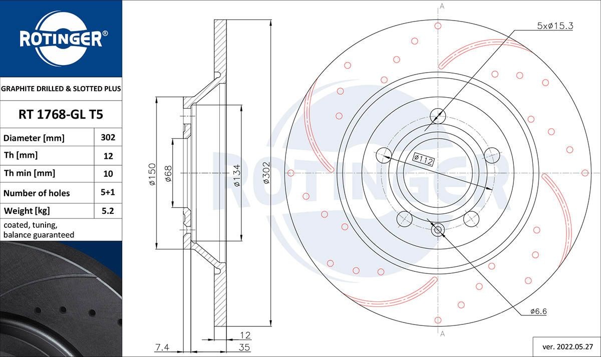 ROTINGER RT 1768-GL T5: Disco de freno GRAPHITE DRILLED & SLOTTED PLUS Eje trasero, Ø: 301,8mm, macizo, perforado, Ø: 301,8mm, con revestimiento galvánico