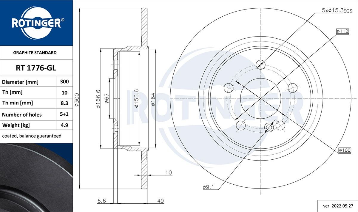 ROTINGER RT 1776-GL: Disc de frână GRAPHITE LINE puntea spate, Ř: 299,6mm, plin, Ř: 299,6mm, acoperit galvanic