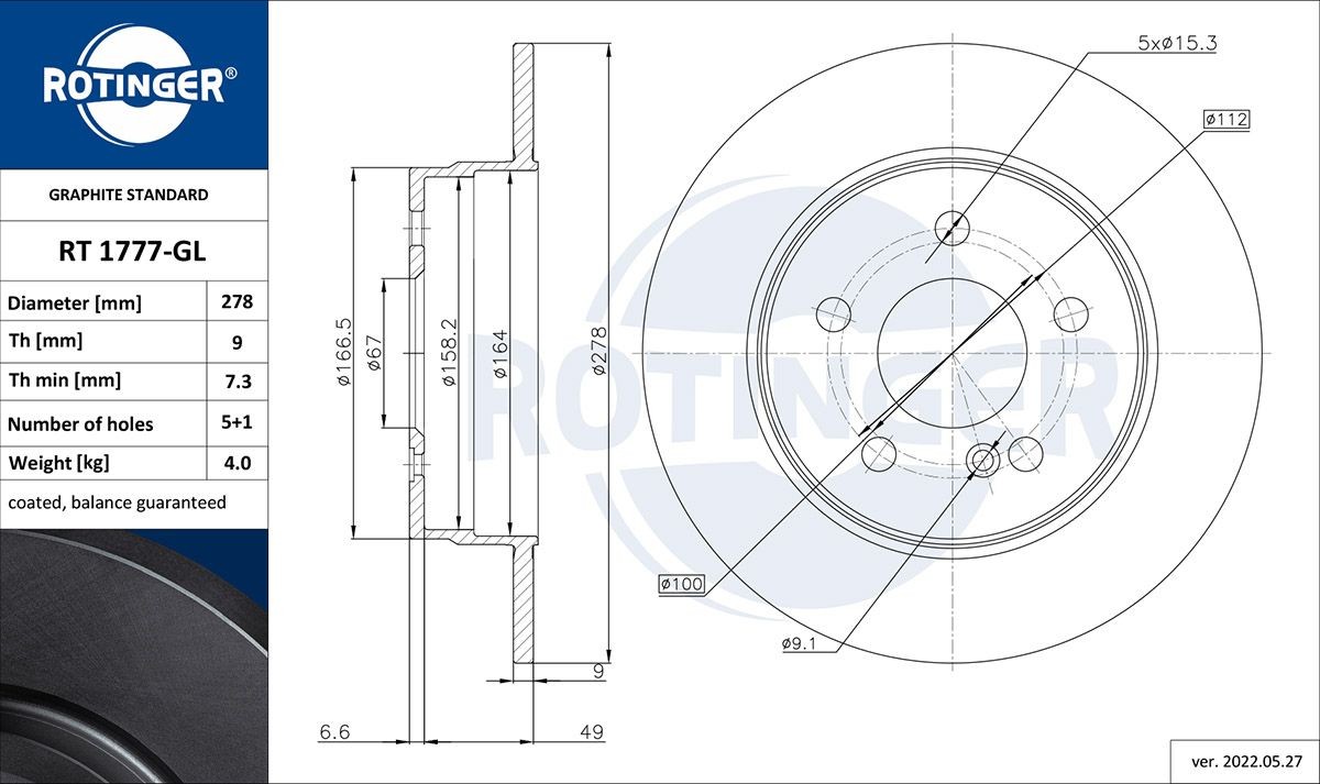 ROTINGER RT 1777-GL: Brzdový kotouč GRAPHITE LINE Zadní náprava, R: 278mm, plný, R: 278mm, galvanizováno