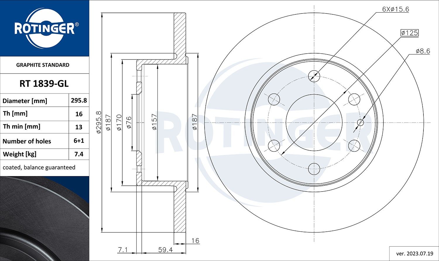 ROTINGER RT 1839-GL: Disc de frână GRAPHITE LINE puntea spate, Ř: 295,8mm, plin, Ř: 295,8mm, acoperit galvanic
