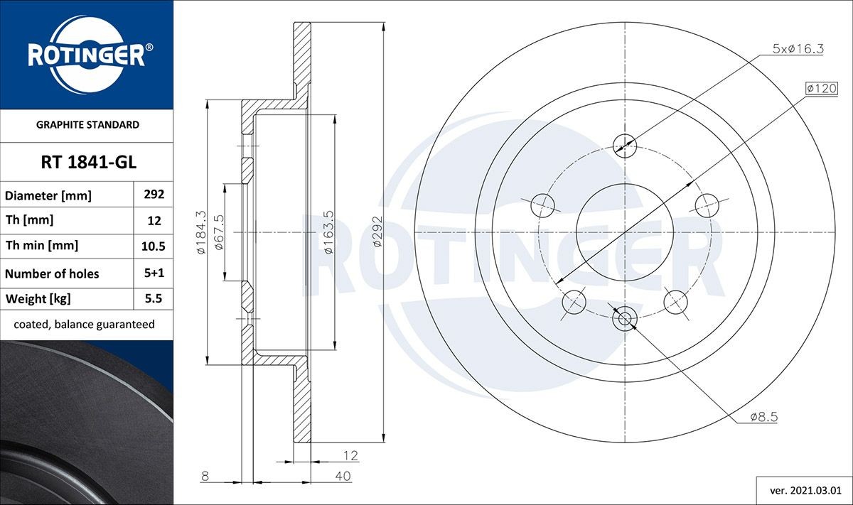 ROTINGER RT 1841-GL: Bremžu diski GRAPHITE LINE Aizmugurējais tilts, Ø: 292mm, pilnīgi, Ø: 292mm, galvaniski pārklāts