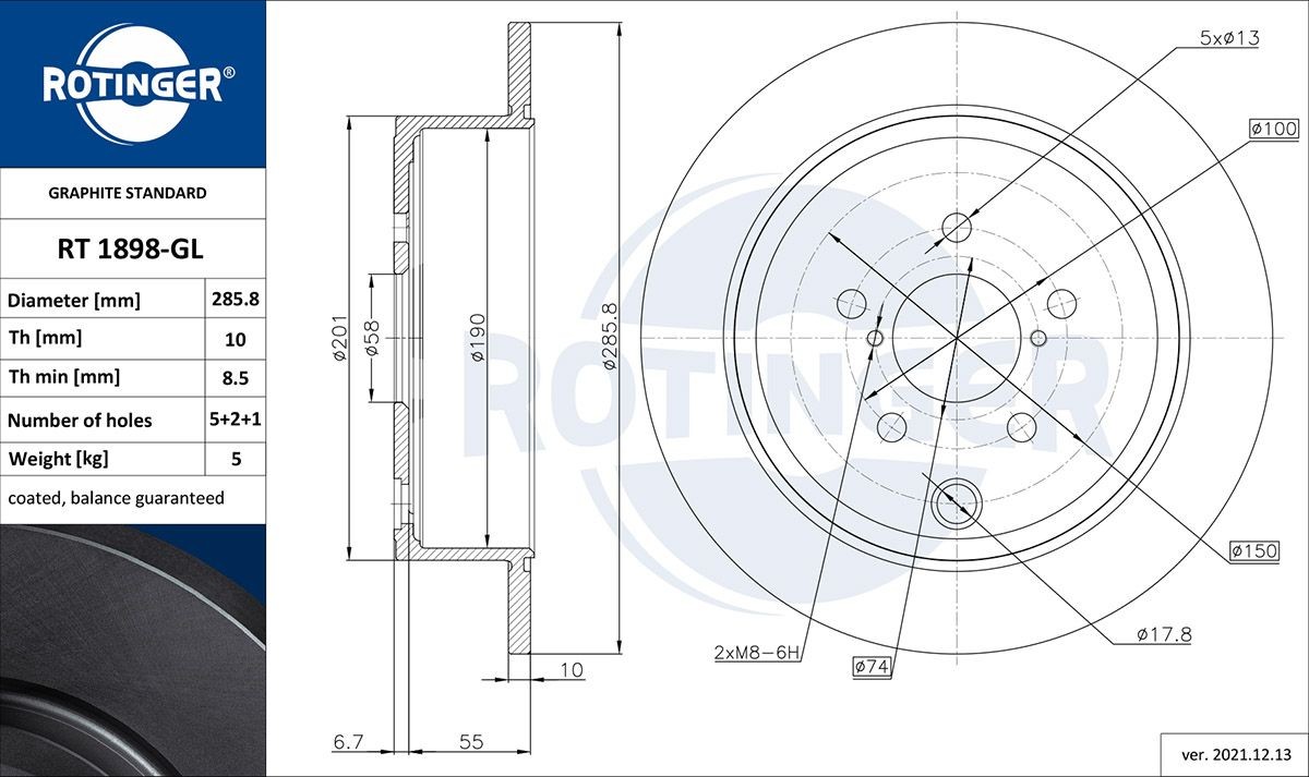 ROTINGER RT 1898-GL: Remschijf GRAPHITE LINE Achteras, Ø: 285,7mm, volledig, Ø: 285,7mm, Gegalvaniseerd