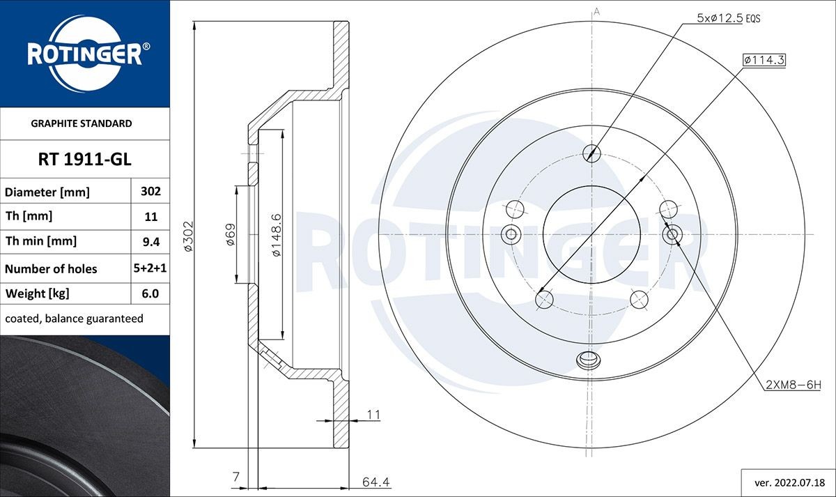 ROTINGER RT 1911-GL: Disc de frână GRAPHITE LINE puntea spate, Ř: 302mm, plin, Ř: 302mm, acoperit galvanic