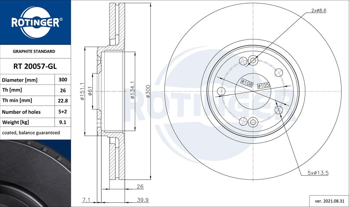 ROTINGER RT 20057-GL: Bremseskive GRAPHITE LINE foraksel, Ø: 300mm, ventileret, Ø: 300mm, galvanisk belagt