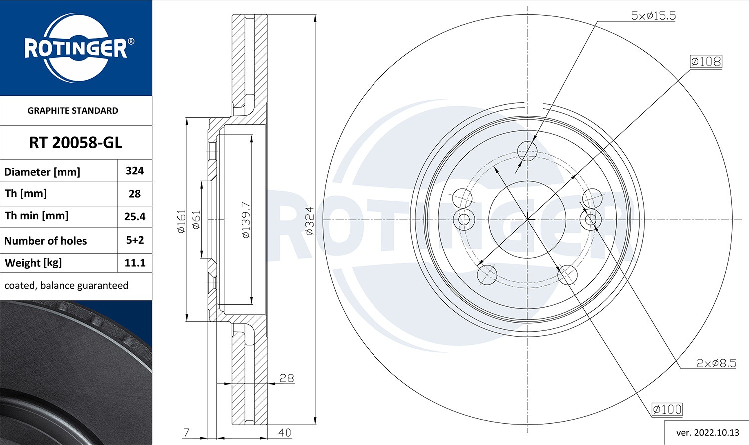 ROTINGER RT 20058-GL: Disc de frână GRAPHITE LINE punte fata, Ř: 324mm, ventilat, Ř: 324mm, acoperit galvanic