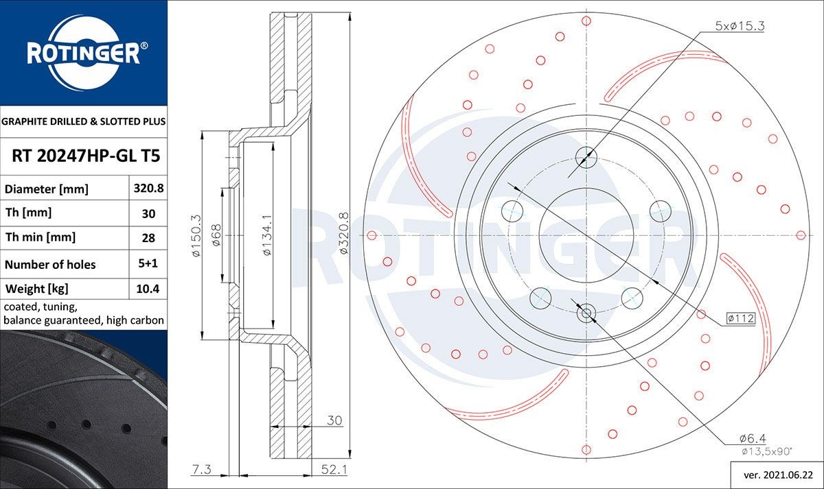 ROTINGER RT 20247HP-GL T5: Disco freno GRAPHITE DRILLED & SLOTTED PLUS Assale anteriore, Ø: 321mm, forato, ventilato, Ø: 321mm, Rivestimento galvanico