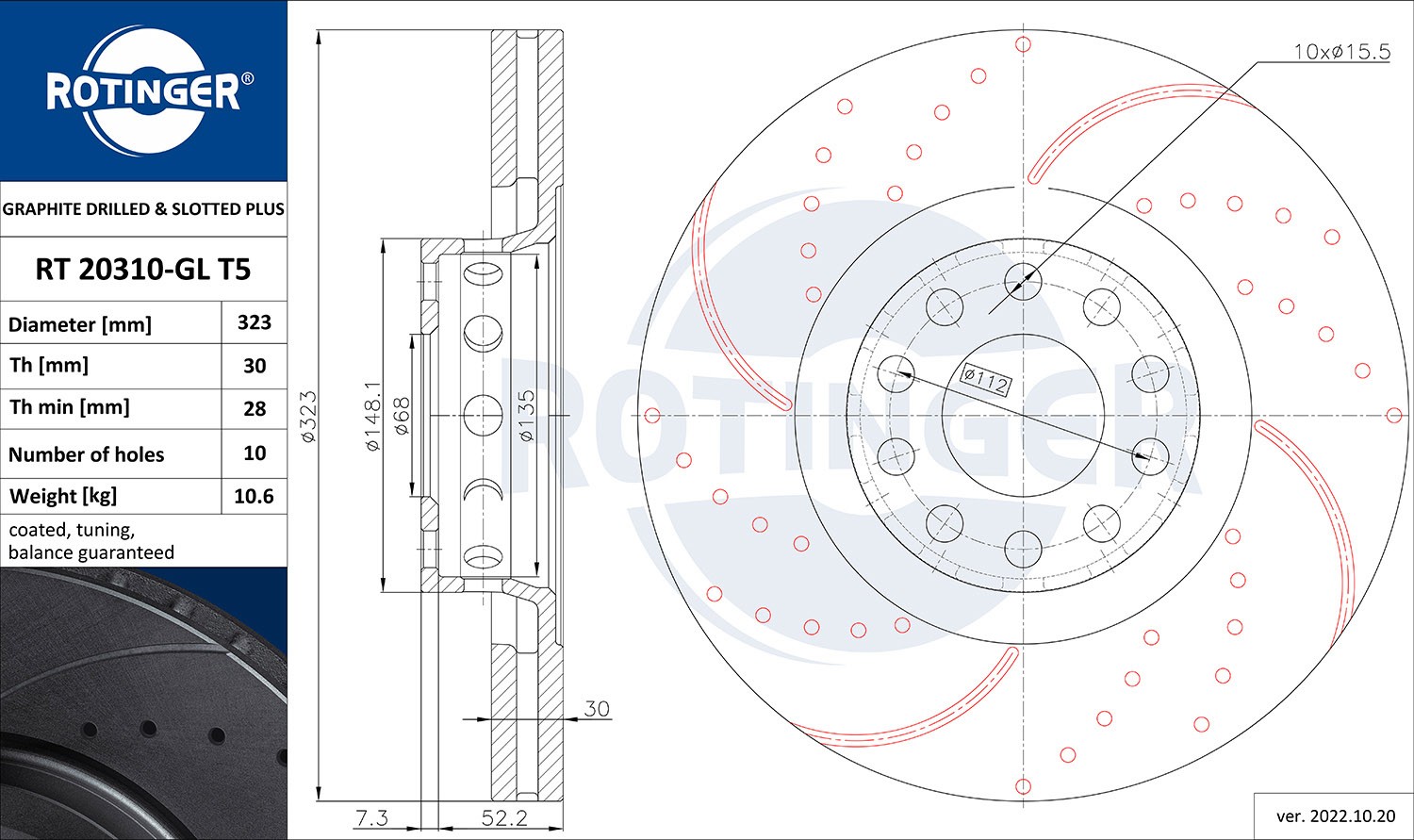 ROTINGER RT 20310-GL T5: Disc de frână GRAPHITE DRILLED & SLOTTED PLUS punte fata, Ř: 323mm, perforat, ventilat, Ř: 323mm, acoperit galvanic