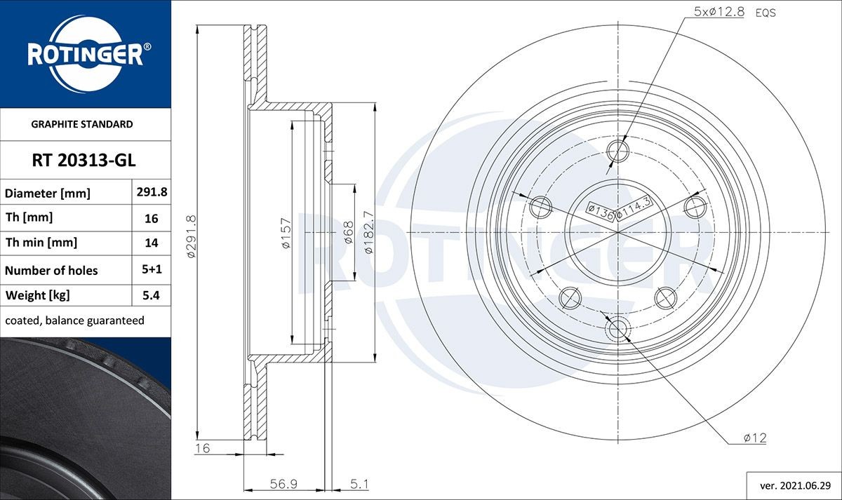 ROTINGER RT 20313-GL: Disco freno GRAPHITE LINE Assale posteriore, Ø: 291,8mm, ventilato, Ø: 291,8mm, Rivestimento galvanico