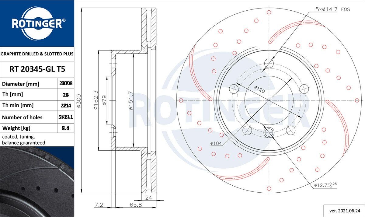 ROTINGER RT 20345-GL T5: Stabdžių diskas GRAPHITE DRILLED & SLOTTED PLUS priekinė ašis, Ø: 300mm, perforuota, ventiliuojama, Ø: 300mm, dirbtinai padengtas