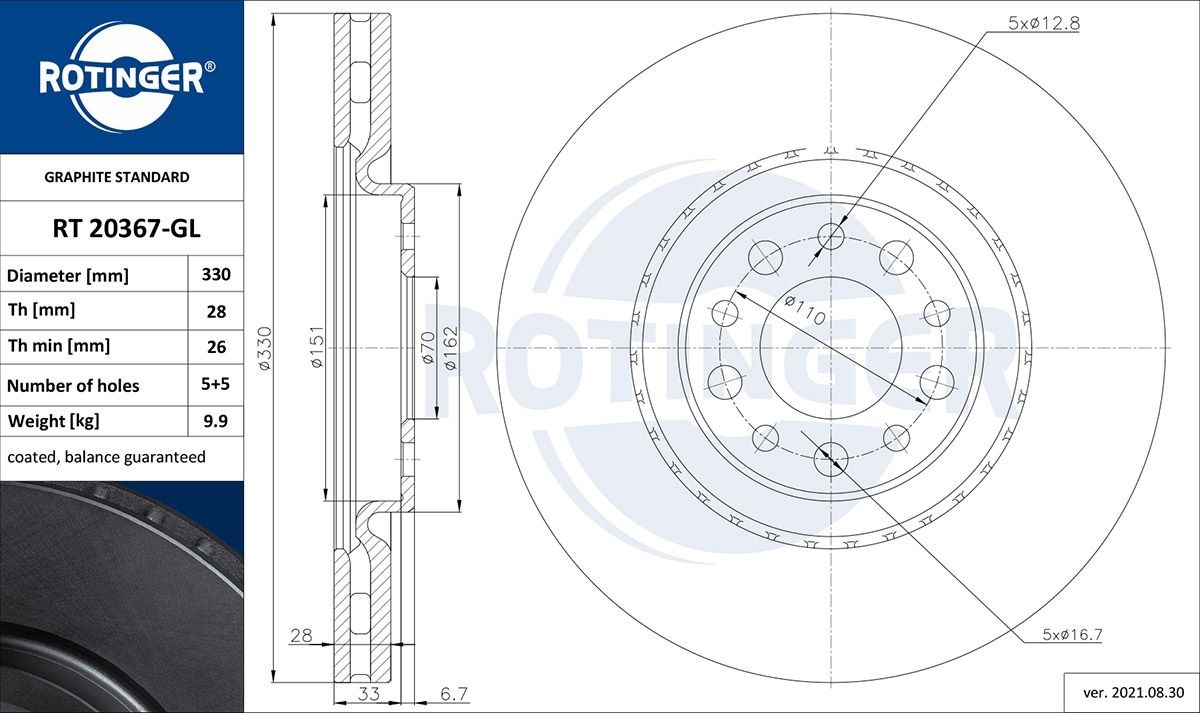 ROTINGER RT 20367-GL: Piduriketas GRAPHITE LINE Esisild, Ø: 330mm, õhutusega, Ø: 330mm, tsingitud