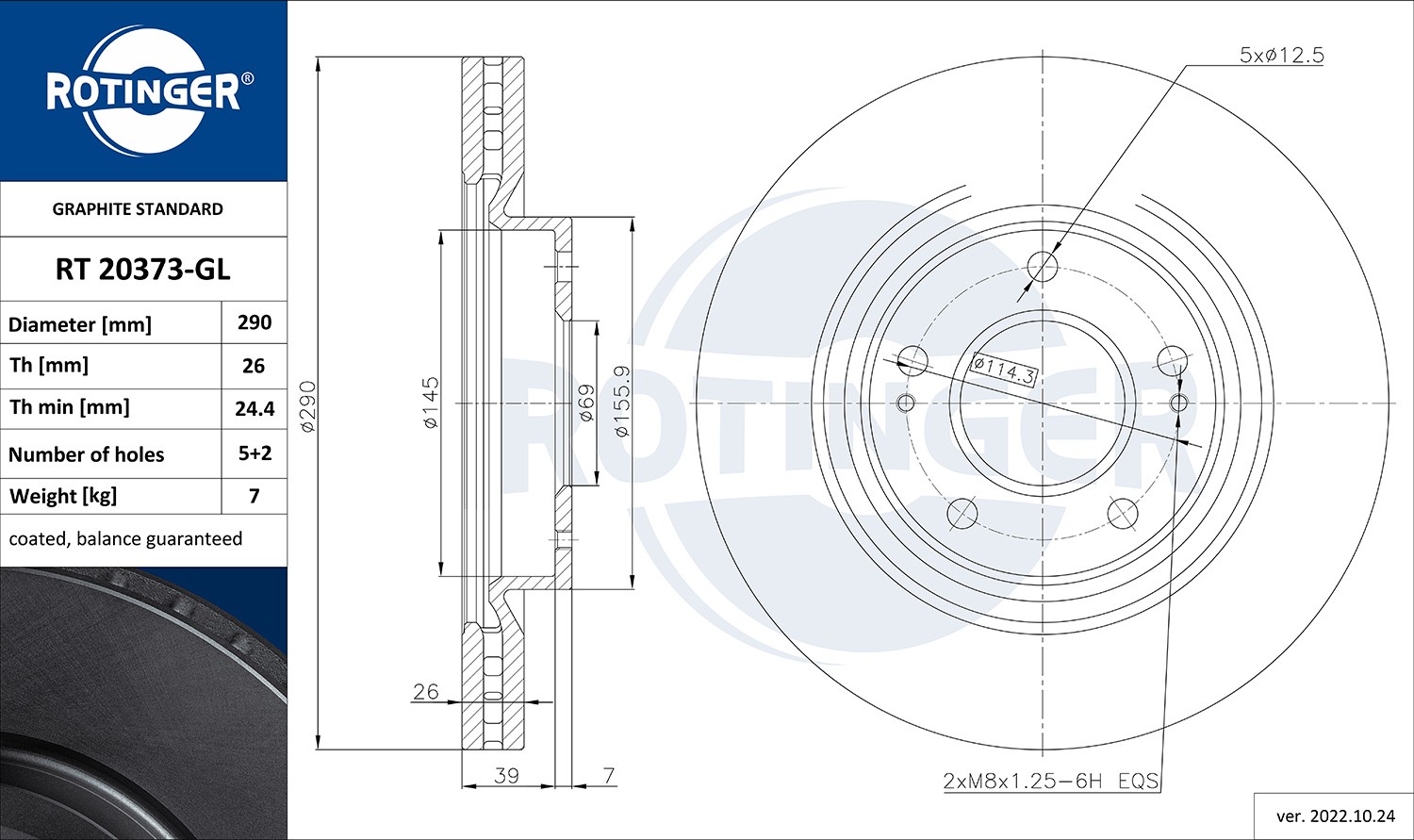 ROTINGER RT 20373-GL: Disc de frână GRAPHITE LINE punte fata, Ř: 290mm, ventilat, Ř: 290mm, acoperit galvanic
