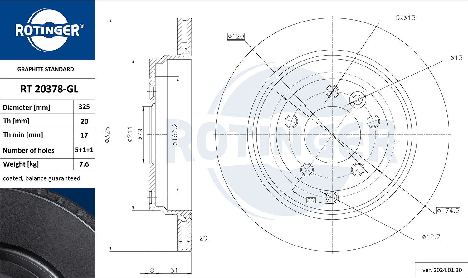 ROTINGER RT 20378-GL: Disque de frein GRAPHITE LINE Essieu arrière, Ø: 325mm, ventilé, Ø: 325mm, revêtu galvanisé