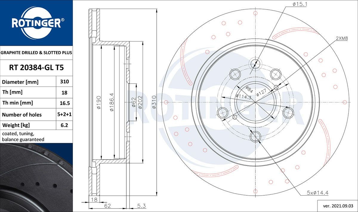 ROTINGER RT 20384-GL T5: Disque de frein GRAPHITE DRILLED & SLOTTED PLUS Essieu arrière, Ø: 310mm, perforé, ventilé, Ø: 310mm, revêtu galvanisé