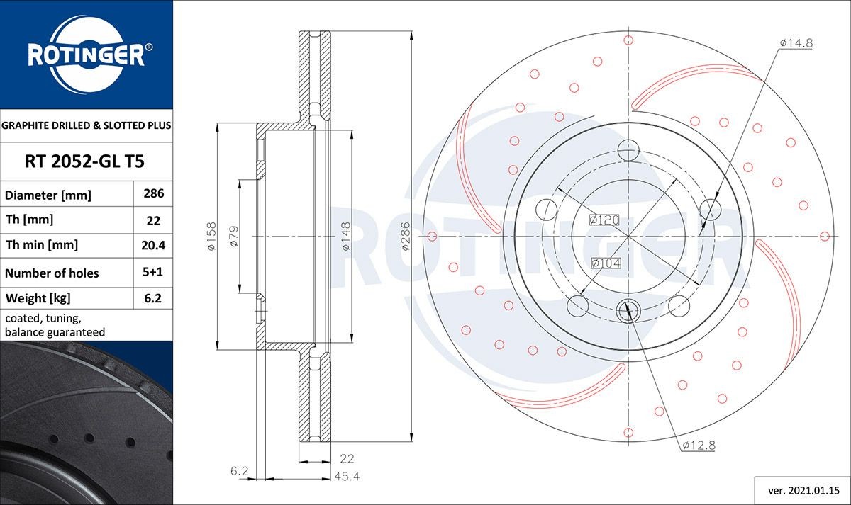 ROTINGER RT 2052-GL T5: Bremseskive GRAPHITE DRILLED & SLOTTED PLUS foraksel, Ø: 286mm, hullet, ventileret, Ø: 286mm, galvanisk belagt