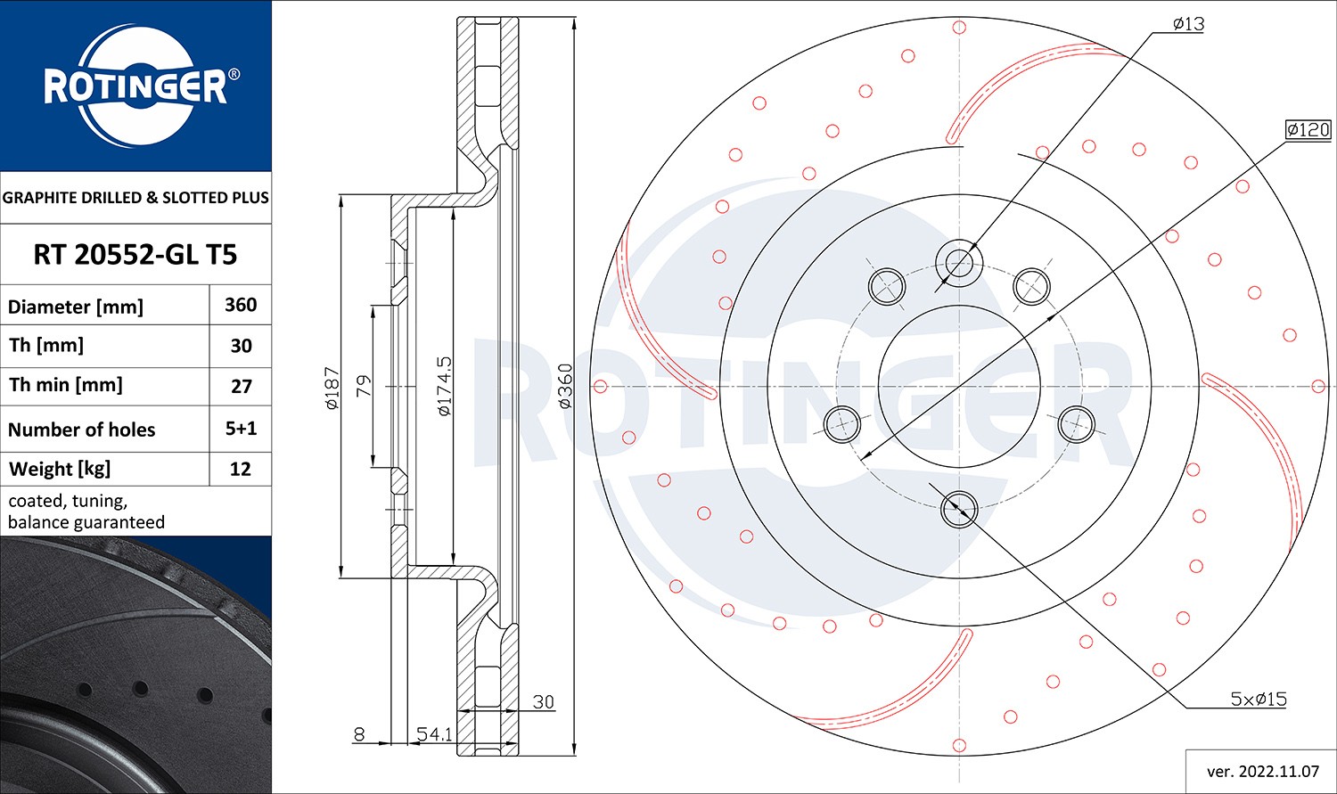 ROTINGER RT 20552-GL T5: Piduriketas GRAPHITE DRILLED & SLOTTED PLUS Esisild, Ø: 360mm, perforeeritud, õhutusega, Ø: 360mm, tsingitud