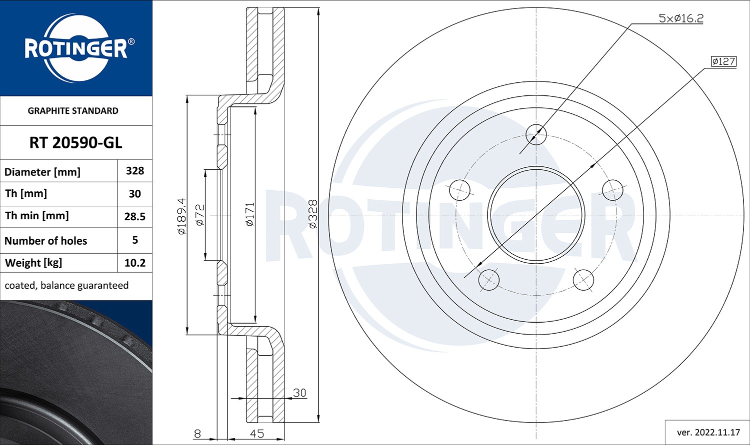 ROTINGER RT 20590-GL: Piduriketas GRAPHITE LINE Esisild, Ø: 328mm, õhutusega, Ø: 328mm, tsingitud