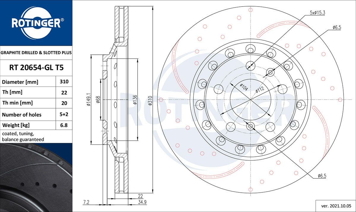 ROTINGER RT 20654-GL T5: Piduriketas GRAPHITE DRILLED & SLOTTED PLUS Tagasild, Ø: 310mm, perforeeritud, õhutusega, Ø: 310mm, tsingitud