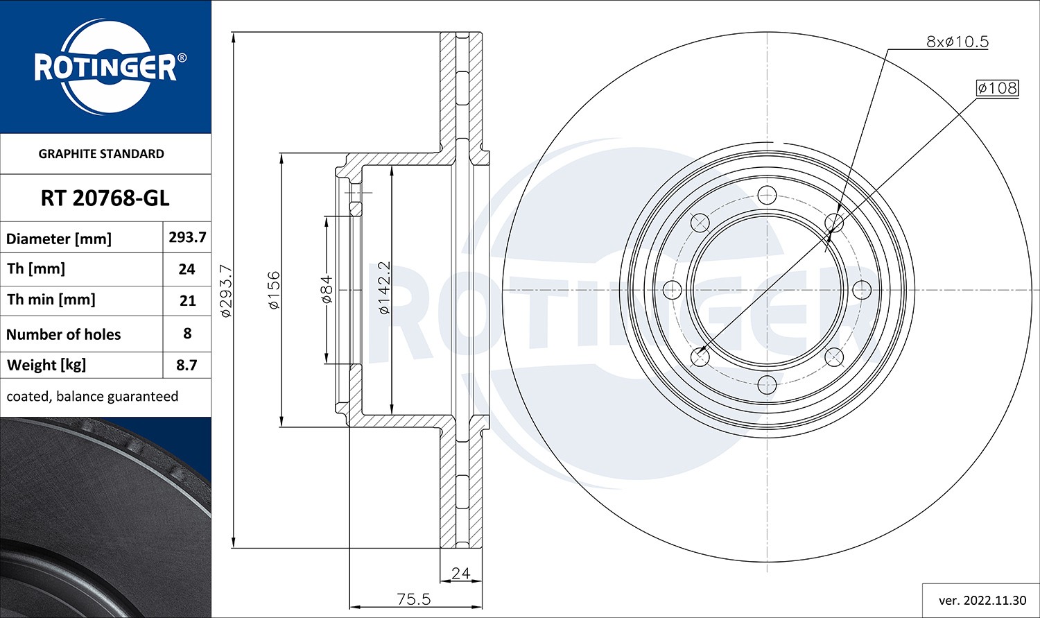 ROTINGER RT 20768-GL: Disc de frână GRAPHITE LINE puntea spate, Ř: 293,7mm, ventilat, Ř: 293,7mm, acoperit galvanic