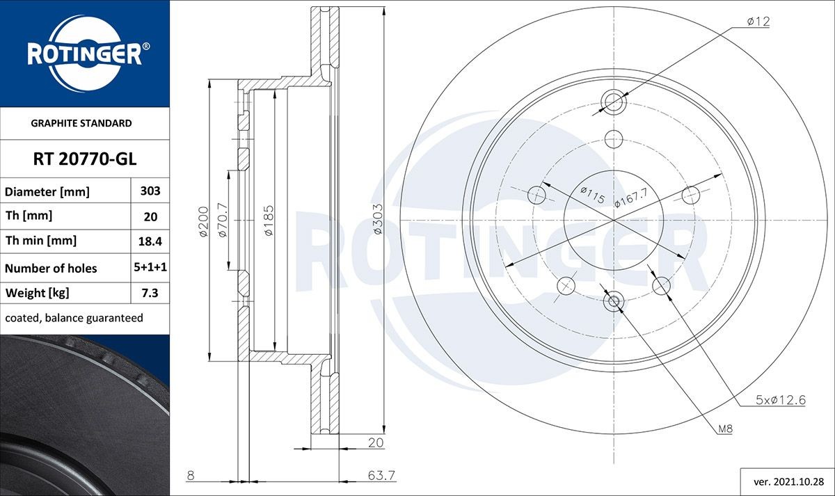 ROTINGER RT 20770-GL: Disque de frein GRAPHITE LINE Essieu arrière, Ø: 303mm, ventilé, Ø: 303mm, revêtu galvanisé