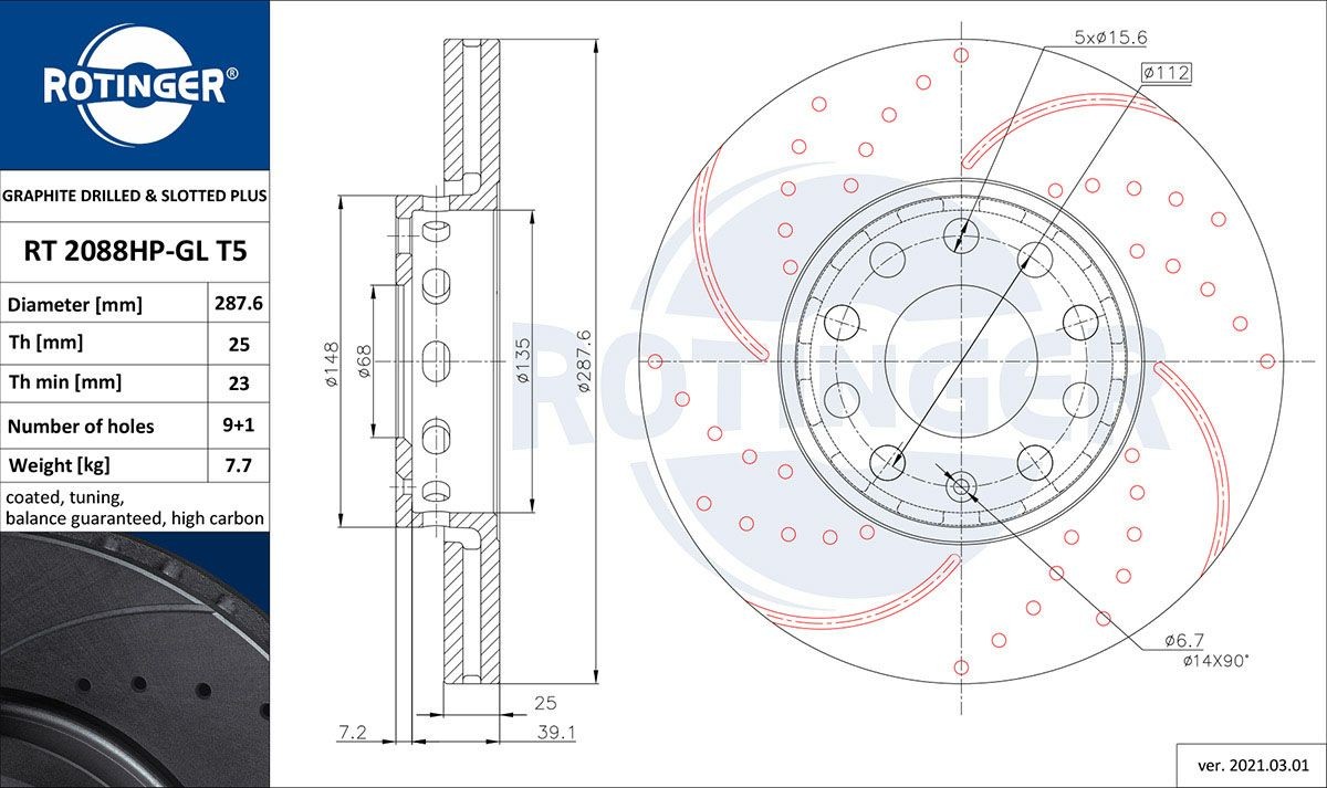 ROTINGER RT 2088HP-GL T5: Brzdový kotúč GRAPHITE DRILLED & SLOTTED PLUS predna naprava, Ø: 288mm, dierovany, vetraný, Ø: 288mm, galvanicky upravené