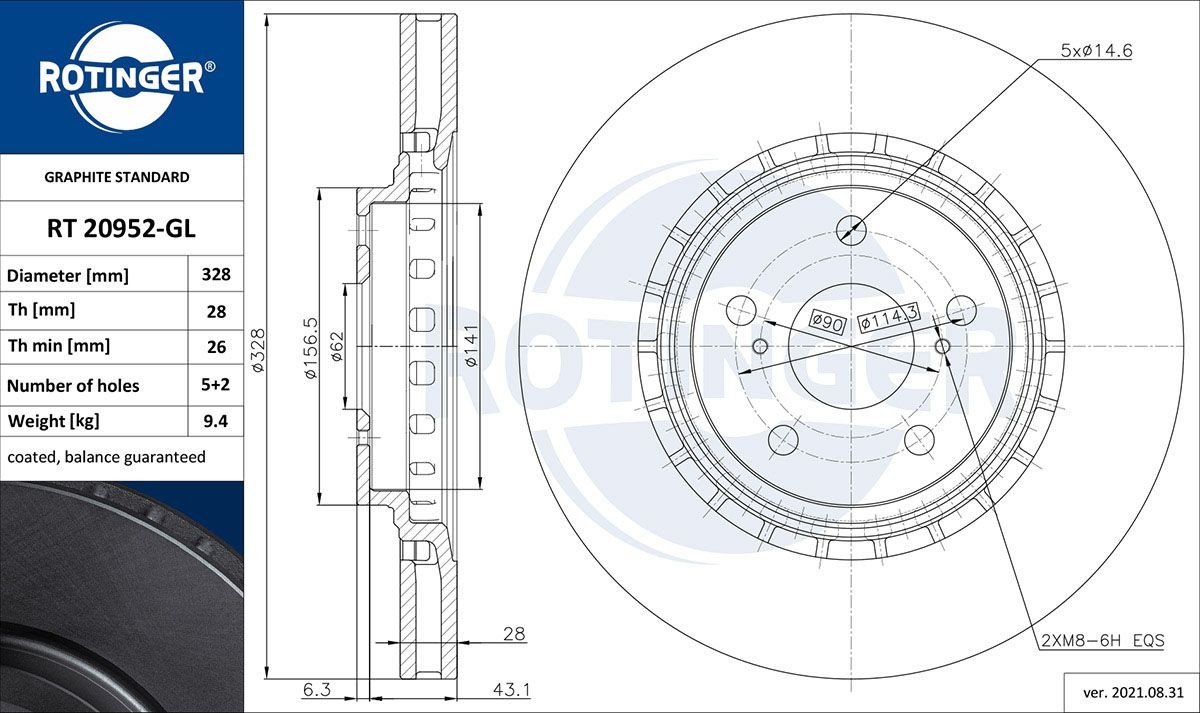 ROTINGER RT 20952-GL: Disc de frână GRAPHITE LINE punte fata, Ř: 328mm, ventilat, Ř: 328mm, acoperit galvanic