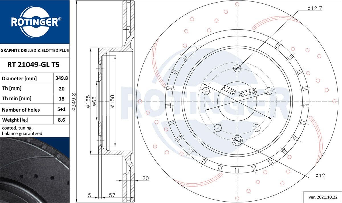 ROTINGER RT 21049-GL T5: Disco de freno GRAPHITE DRILLED & SLOTTED PLUS Eje trasero, Ø: 349,8mm, perforado, ventilado, Ø: 349,8mm, con revestimiento galvánico
