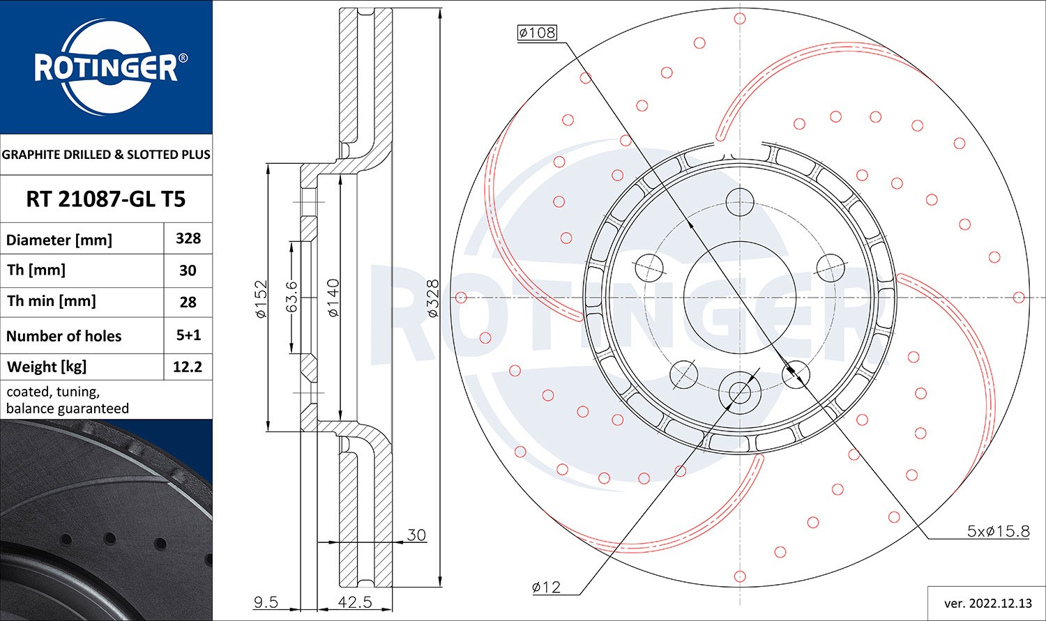 ROTINGER RT 21087-GL T5: Disc de frână GRAPHITE DRILLED & SLOTTED PLUS punte fata, Ř: 328mm, perforat, ventilat, Ř: 328mm, acoperit galvanic