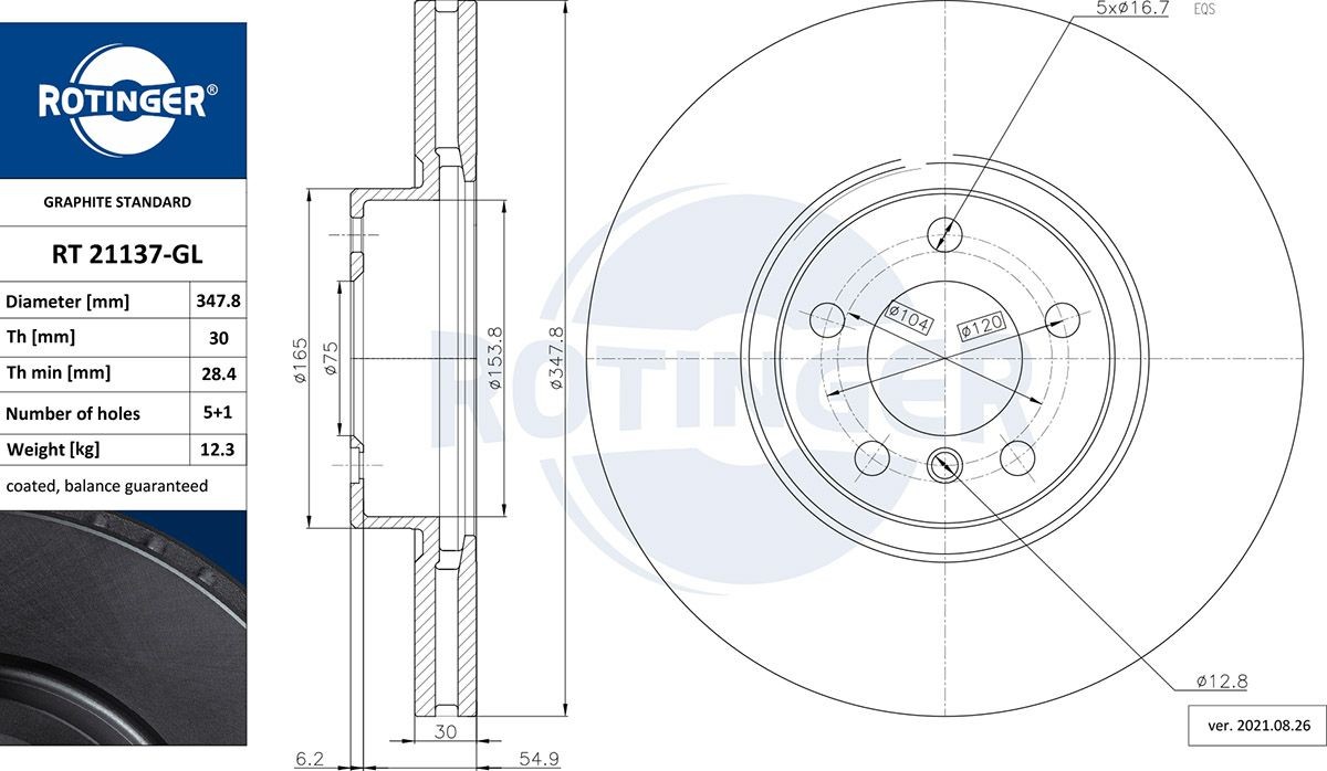 ROTINGER RT 21137-GL: Brzdový kotouč GRAPHITE LINE přední osa, R: 348mm, větráno, R: 348mm, galvanizováno