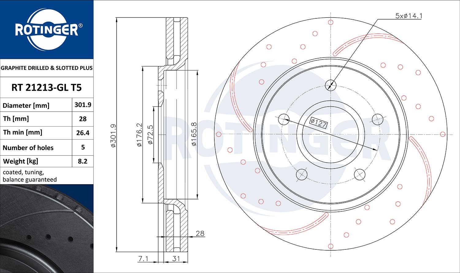 ROTINGER RT 21213-GL T5: Disc de frână GRAPHITE DRILLED & SLOTTED PLUS punte fata, Ř: 302mm, perforat, ventilat, Ř: 302mm, acoperit galvanic