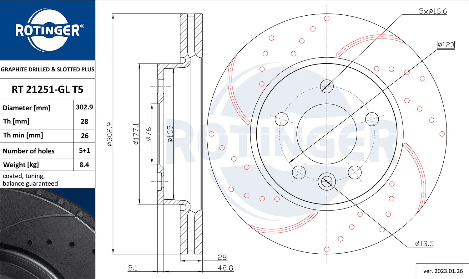 ROTINGER RT 21251-GL T5: Bremseskive GRAPHITE DRILLED & SLOTTED PLUS foraksel, Ø: 302,9mm, hullet, ventileret, Ø: 302,9mm, galvanisk belagt