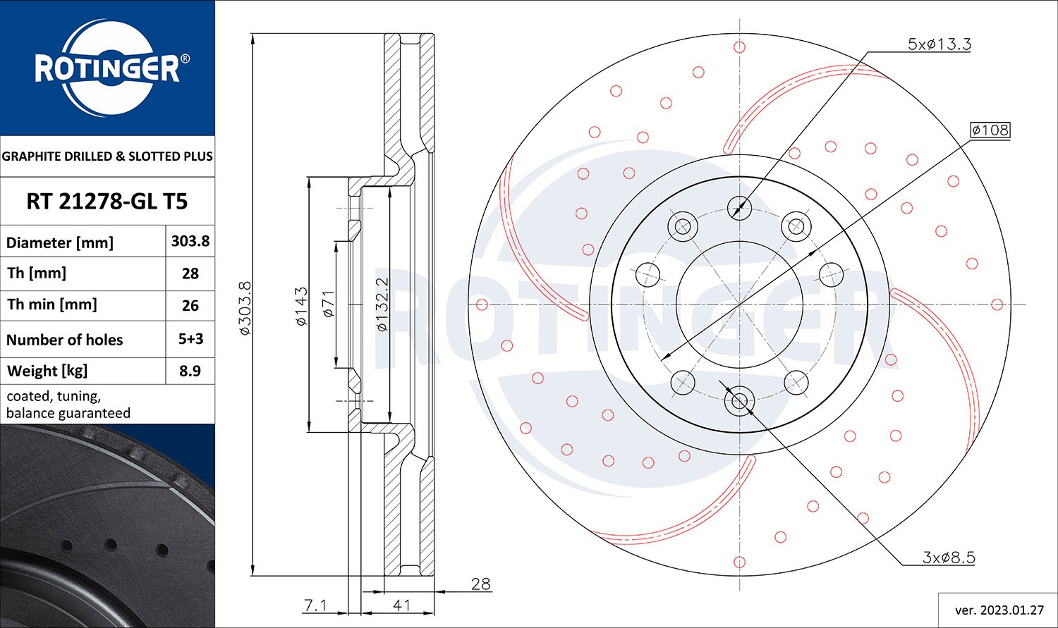 ROTINGER RT 21278-GL T5: Piduriketas GRAPHITE DRILLED & SLOTTED PLUS Esisild, Ø: 303,8mm, perforeeritud, õhutusega, Ø: 303,8mm, tsingitud