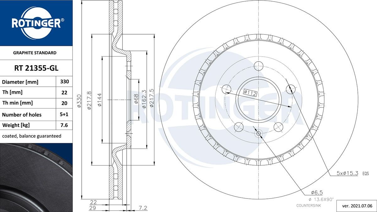 ROTINGER RT 21355-GL: Brzdový kotúč GRAPHITE LINE Zadna naprava, Ø: 330mm, vetraný, Ø: 330mm, galvanicky upravené