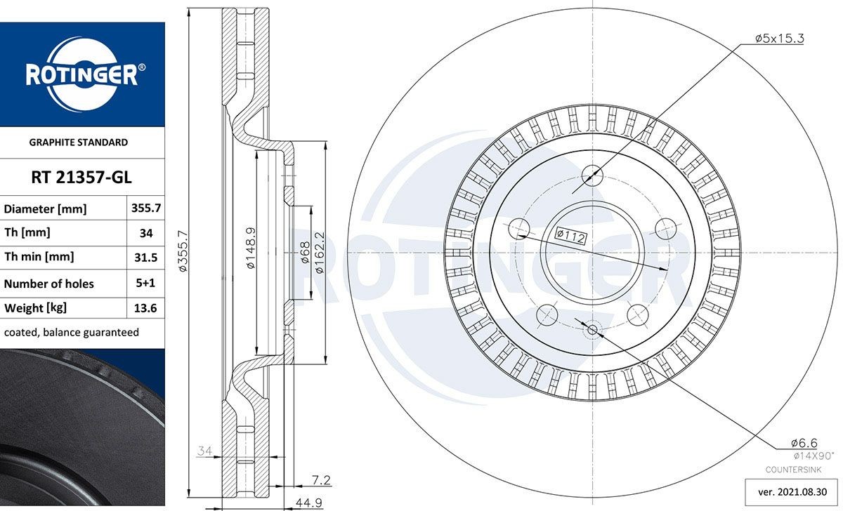 ROTINGER RT 21357-GL: Disco de freno GRAPHITE LINE Eje delantero, Ø: 356mm, ventilado, Ø: 356mm, con revestimiento galvánico