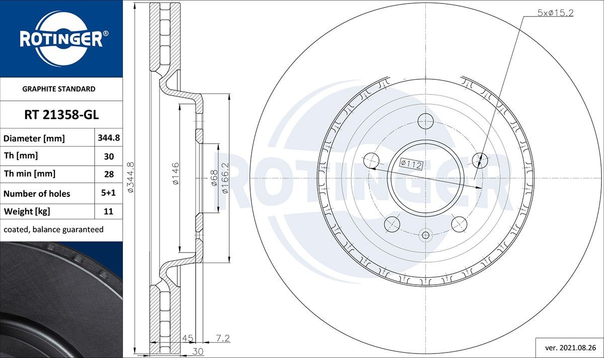 ROTINGER RT 21358-GL: Disc de frână GRAPHITE LINE punte fata, Ř: 344,8mm, ventilat, Ř: 344,8mm, acoperit galvanic