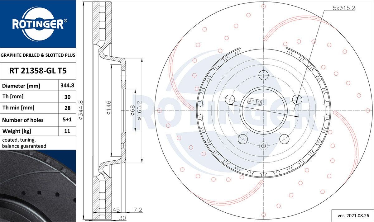 ROTINGER RT 21358-GL T5: Disc de frână GRAPHITE DRILLED & SLOTTED PLUS punte fata, Ř: 344,8mm, perforat, ventilat, Ř: 344,8mm, acoperit galvanic
