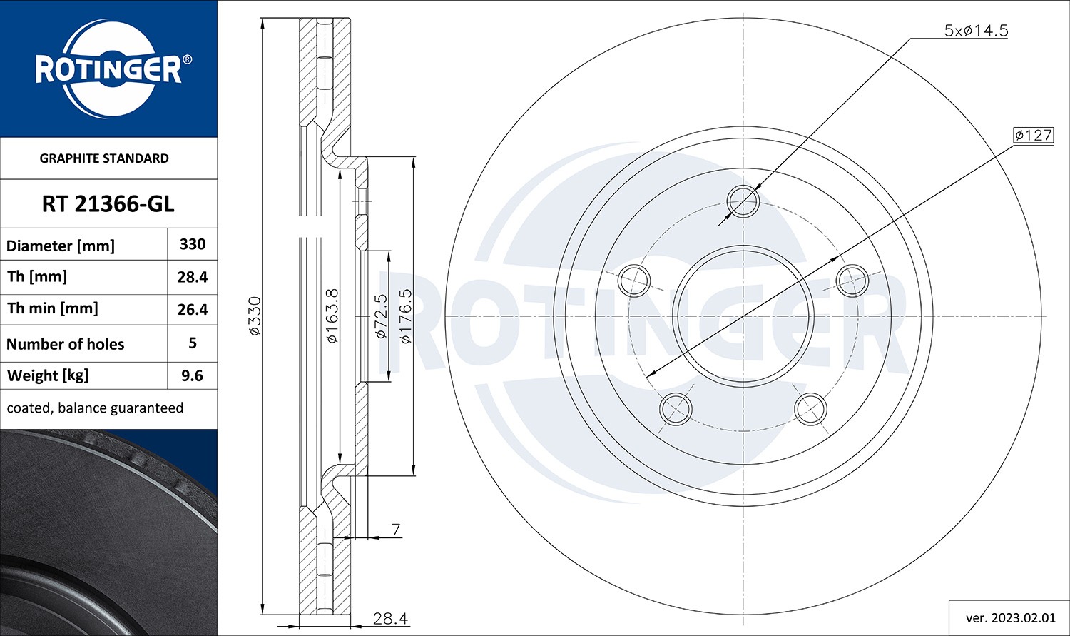 ROTINGER RT 21366-GL: Féktárcsa GRAPHITE LINE elsőtengely, Ø: 330mm, Szellőztetett, Ø: 330mm, galvanikus bevonattal