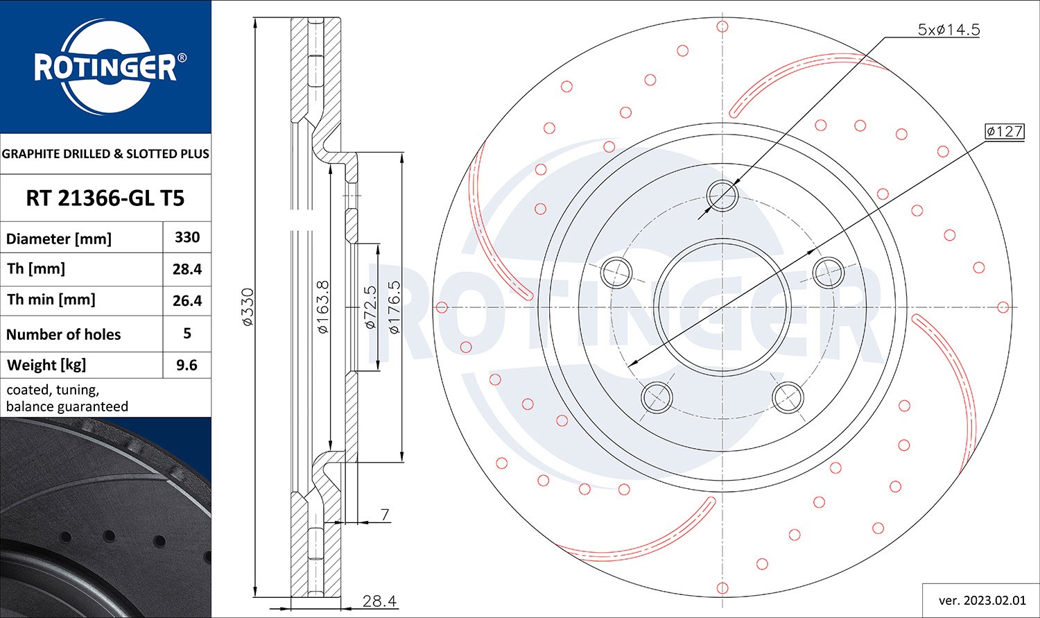 ROTINGER RT 21366-GL T5: Bremsscheibe GRAPHITE DRILLED & SLOTTED PLUS Vorderachse, Ø: 330mm, gelocht, Belüftet, Ø: 330mm, galvanisch beschichtet