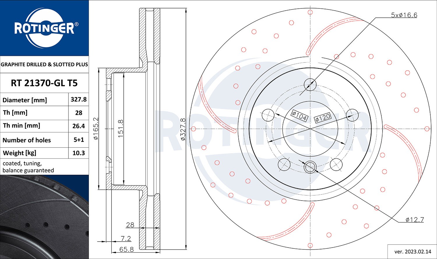 ROTINGER RT 21370-GL T5: Bremseskive GRAPHITE DRILLED & SLOTTED PLUS framaksel, Ø: 327,8mm, hullet, ventilert, Ø: 327,8mm, galvansisk belagt