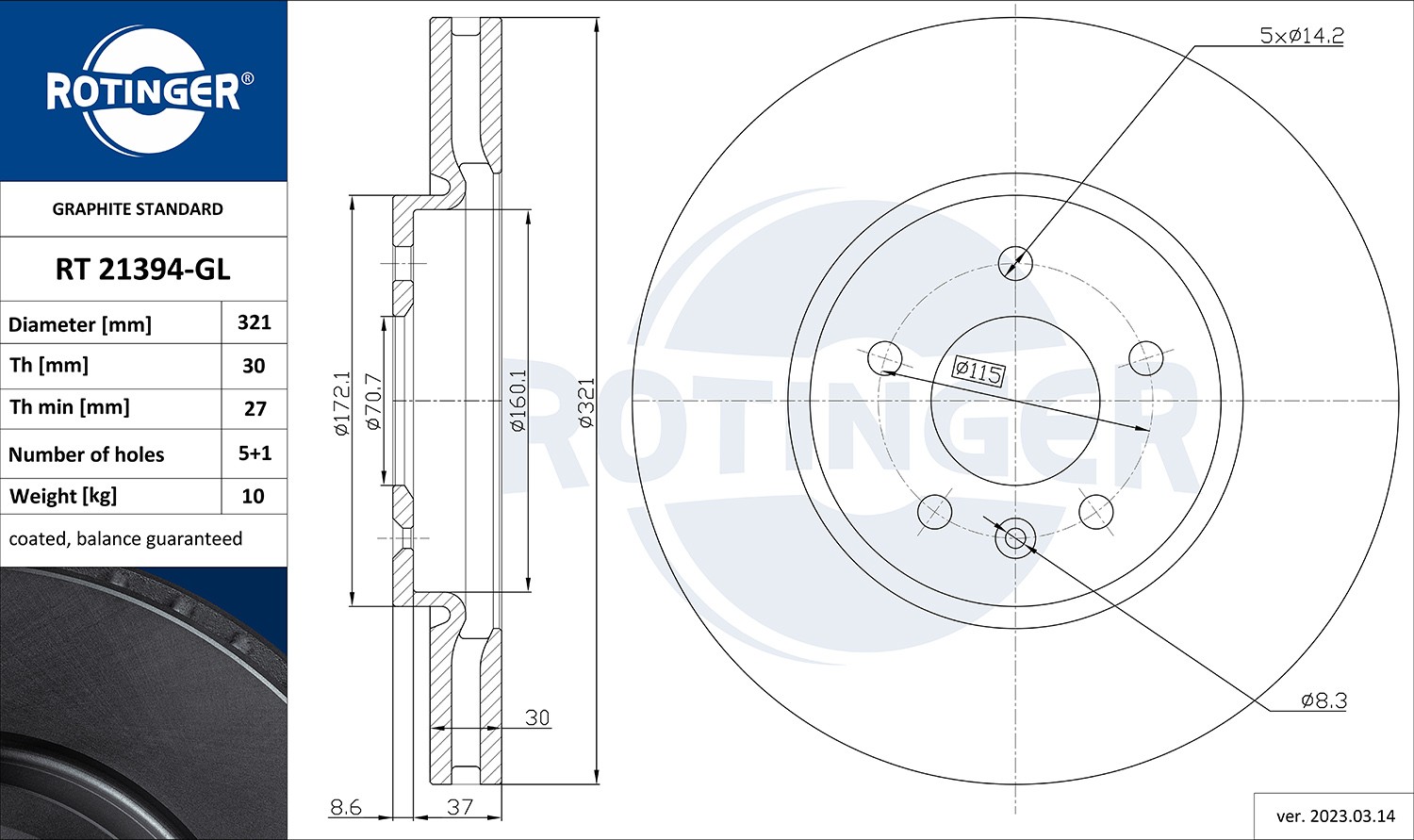 ROTINGER RT 21394-GL: Disc de frână GRAPHITE LINE punte fata, Ř: 321mm, ventilat, Ř: 321mm, acoperit galvanic