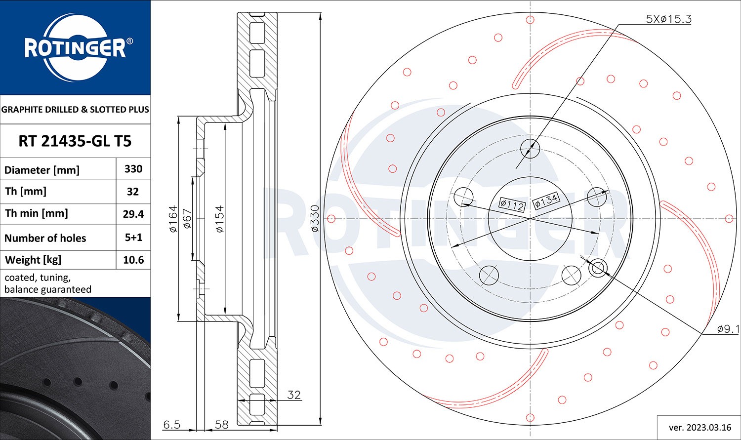 ROTINGER RT 21435-GL T5: Bremžu diski GRAPHITE DRILLED & SLOTTED PLUS Priekšējais tilts, Ø: 330mm, ar urbumiem, ventilējams, Ø: 330mm, galvaniski pārklāts