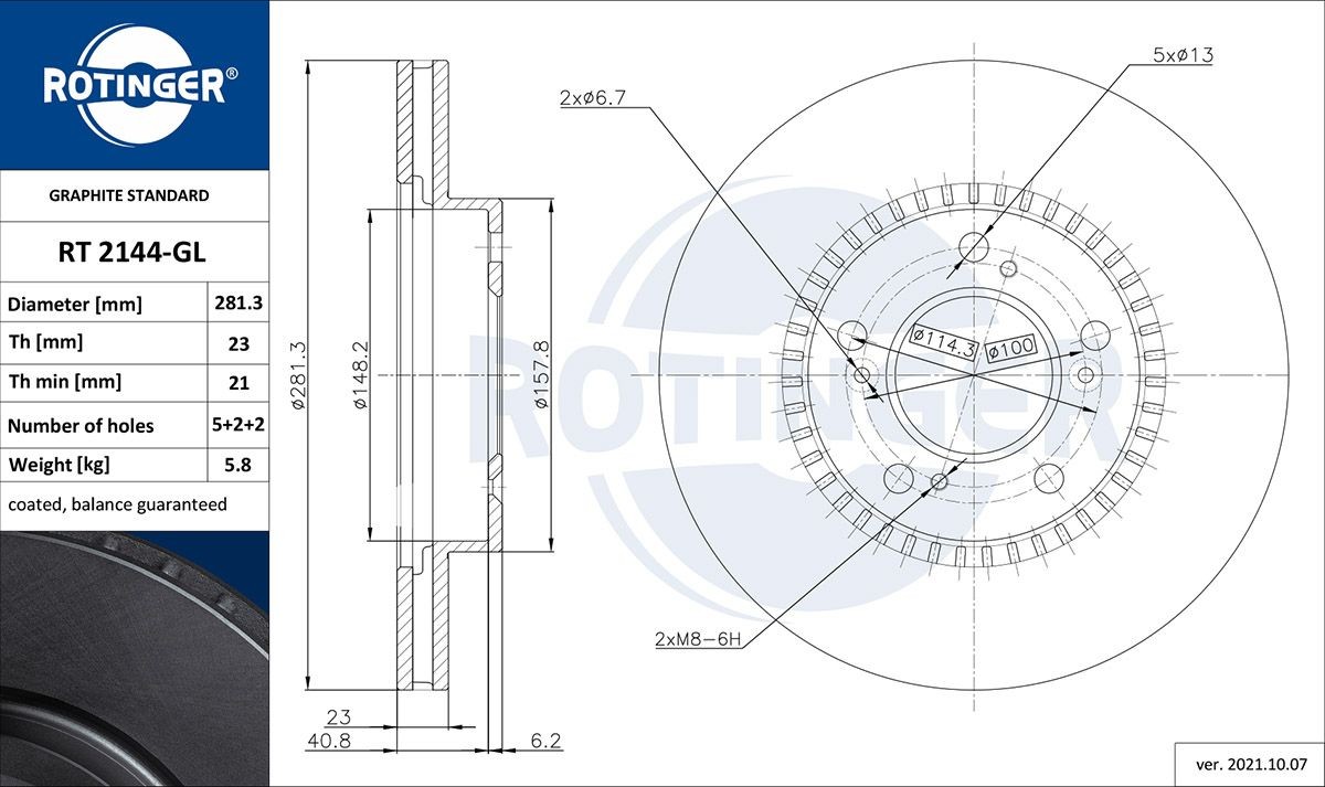 ROTINGER RT 2144-GL: Disc de frână GRAPHITE LINE punte fata, Ř: 282mm, ventilat, Ř: 282mm, acoperit galvanic