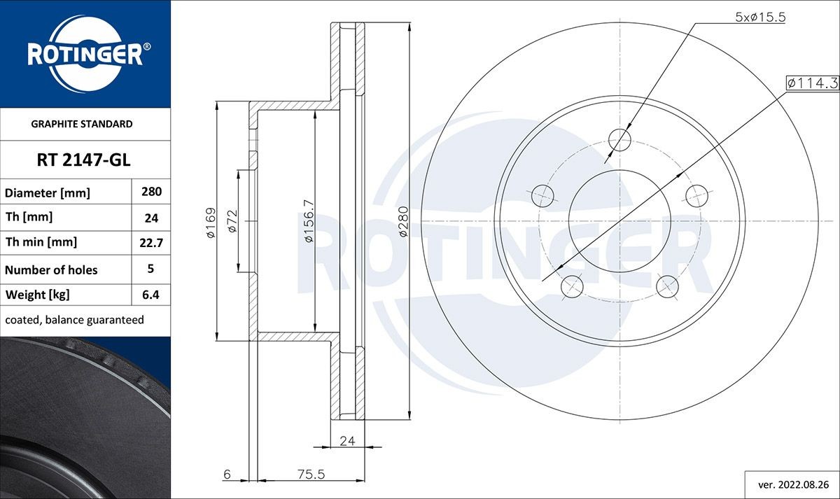ROTINGER RT 2147-GL: Bromsskiva GRAPHITE LINE framaxel, Ø: 280mm, ventilerad, Ø: 280mm, Galvaniserad