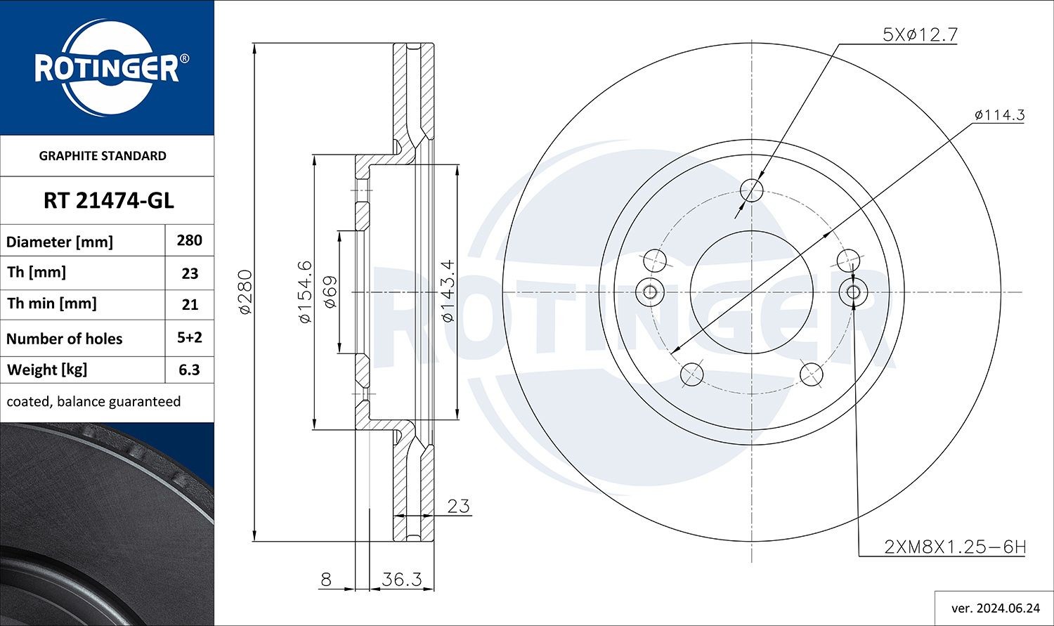 ROTINGER RT 21474-GL: Disque de frein GRAPHITE LINE Essieu avant, Ø: 280mm, ventilé, Ø: 280mm, revêtu galvanisé