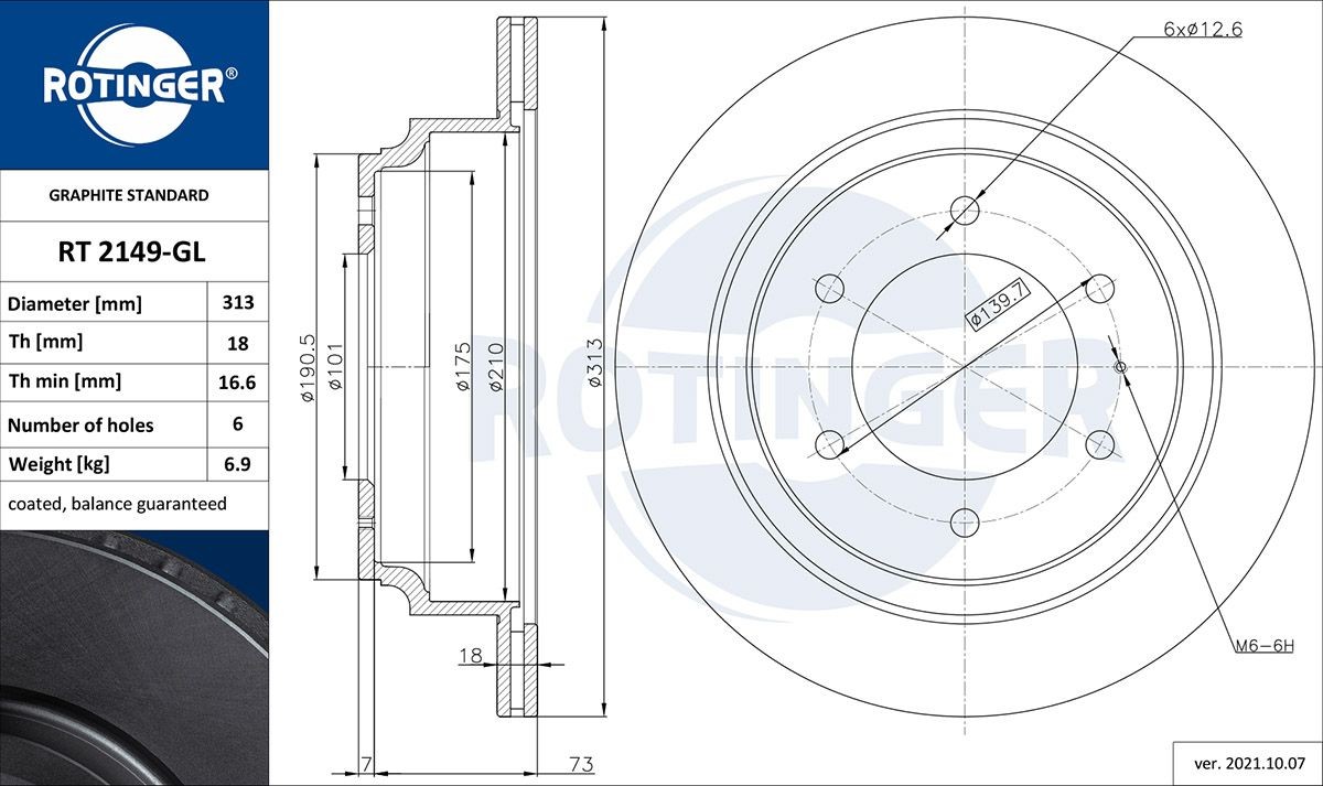 ROTINGER RT 2149-GL: Disc de frână GRAPHITE LINE puntea spate, Ř: 313,5mm, ventilat, Ř: 313,5mm, acoperit galvanic