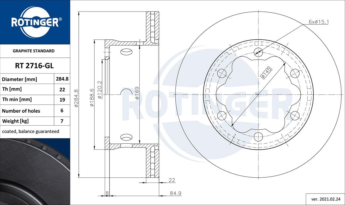 ROTINGER RT 2716-GL: Piduriketas GRAPHITE LINE Tagasild, Ø: 285mm, õhutusega, Ø: 285mm, tsingitud