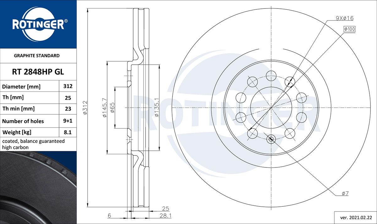 ROTINGER RT 2848HP-GL: Disco de freno GRAPHITE LINE Eje delantero, Ø: 312mm, ventilado, Ø: 312mm, con revestimiento galvánico