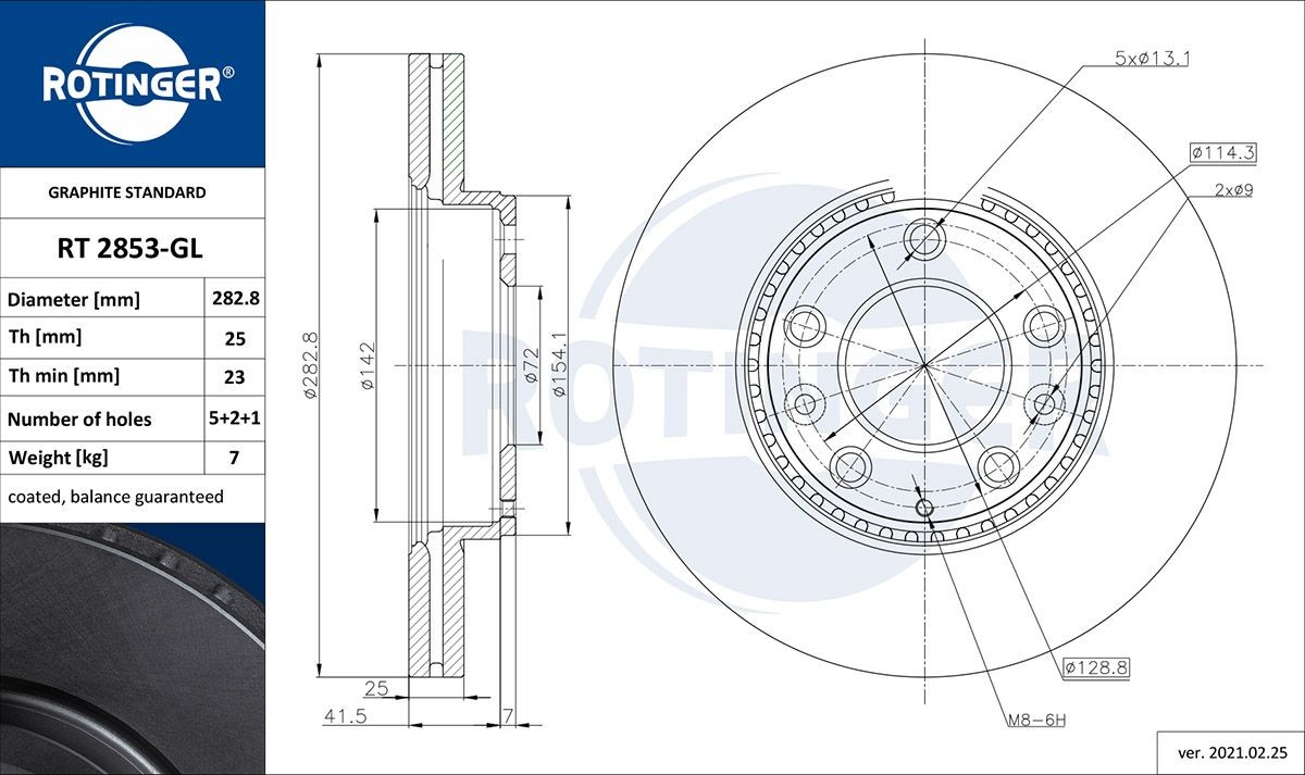 ROTINGER RT 2853-GL: Disc de frână GRAPHITE LINE punte fata, Ř: 282,7mm, ventilat, Ř: 282,7mm, acoperit galvanic