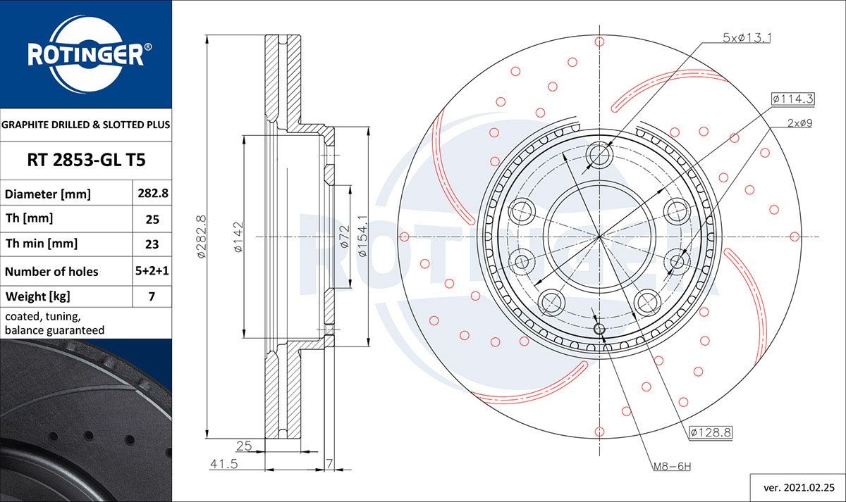 ROTINGER RT 2853-GL T5: Jarrulevy GRAPHITE DRILLED & SLOTTED PLUS Etuakseli, Ø: 282,7mm, reijitetty, Tuuletettu, Ø: 282,7mm, Galvaaninen pinnoite
