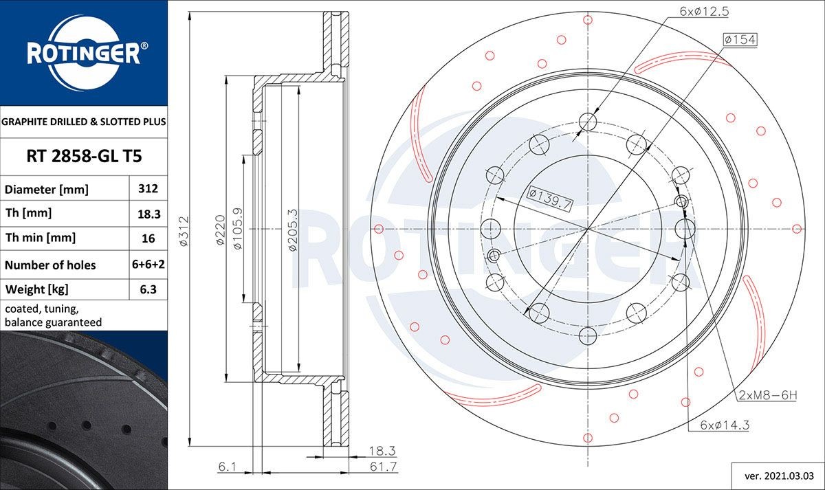 ROTINGER RT 2858-GL T5: Disco de freno GRAPHITE DRILLED & SLOTTED PLUS Eje trasero, Ø: 312mm, perforado, ventilado, Ø: 312mm, con revestimiento galvánico